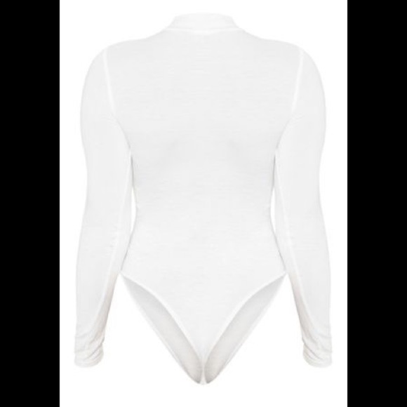 Petite White Basic High Neck long Sleeved Bodysuit - Picture 2 of 3